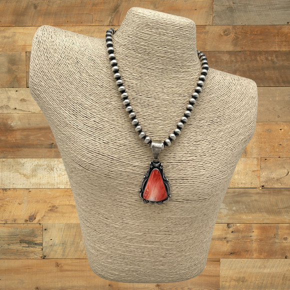 DANNY CLARK Navajo Sterling & Orange Spiny Oyster Shell Pendant Fancy Frame - Picture 3 of 3